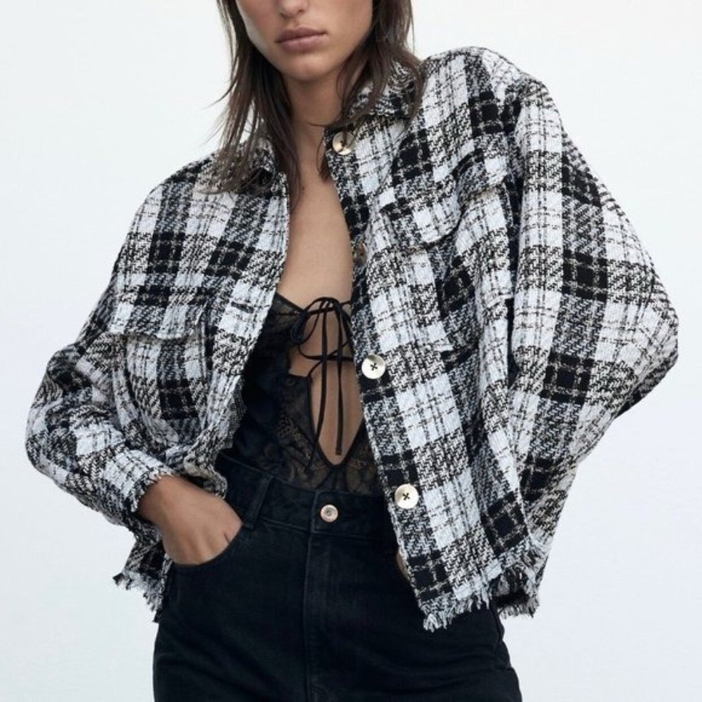 ZARA Black and White Tweed Structured Frayed Overshirt Shacket